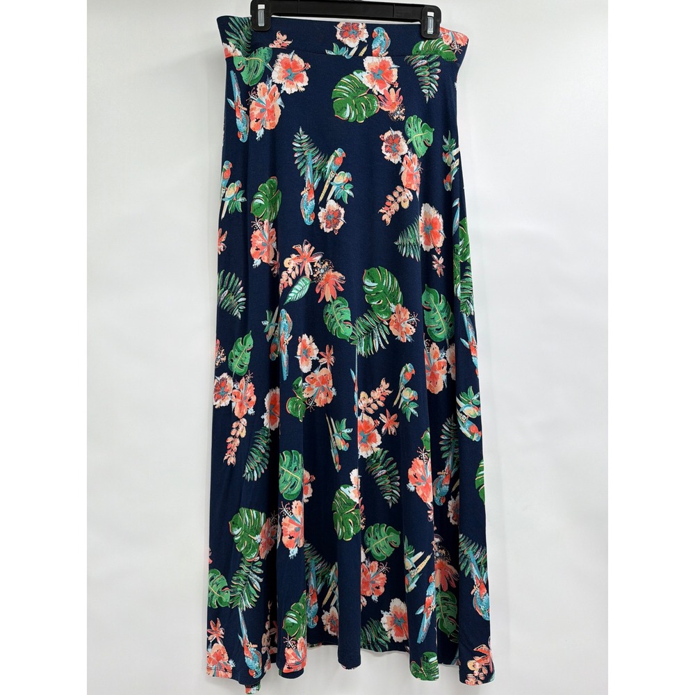 Westport Womens Navy Tropical Floral Parrot Maxi Skirt Size Medium Stretch Rayon